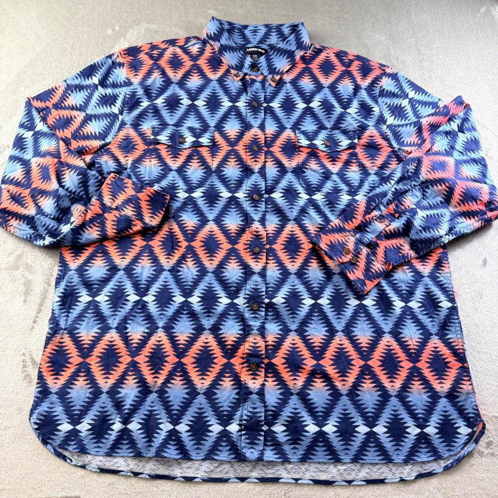 Land's End Men's XXL Traditional Fit Flannel Shirt Blue Orange Aztec Geometric